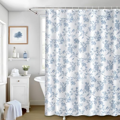 Seorsok Sage Blue Shower Curtain,Cotton Floral Cottagecore,Elegant Floral Fabric Shower Curtain Machine Washable Waterproof Bathroom Decor 72x72 inches by Seorsok - Used condition - US$14.79