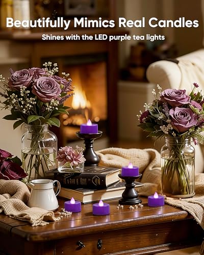 Image of Amagic 30 Pcs Purple Flickering Flameless Tea Lights Battery Operated, 200+ Hours Long Lasting Colored Candles for Wedding, Table Centerpiece, Home Decor, Party, Halloween, Christmas, Proposal