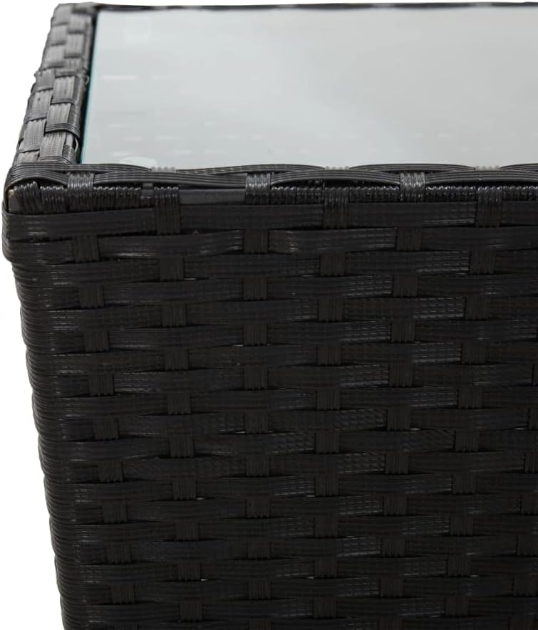 Tea Table,Porch Side Table,Balcony Desk,Outdoor Dining Table,Outside Tables for Yard,for Patio, Garden and Deck, Black 16.3"x16.3"x16.9" Poly Rattan and Tempered Glass