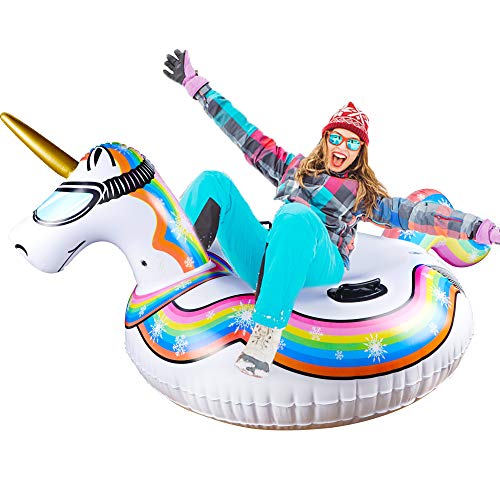 Glintoper Winter Snow Tube for Sledding, 49 Inch Inflatable Unicorn Snow Sled for Kids and Adults, Heavy Duty Snow Tubes with Strong Handles, Wear-Resistant Material & Thickening Freeze-Proof