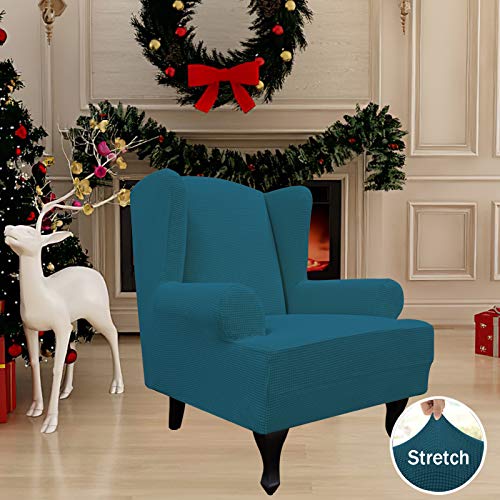 Image of Easy-Going Stretch Large Wingback Chair Sofa Slipcover Peacock Blue | 1-Piece Sofa Cover Furniture Protector Couch Soft with Elastic Bottom, Spandex Jacquard Fabric Small Checks