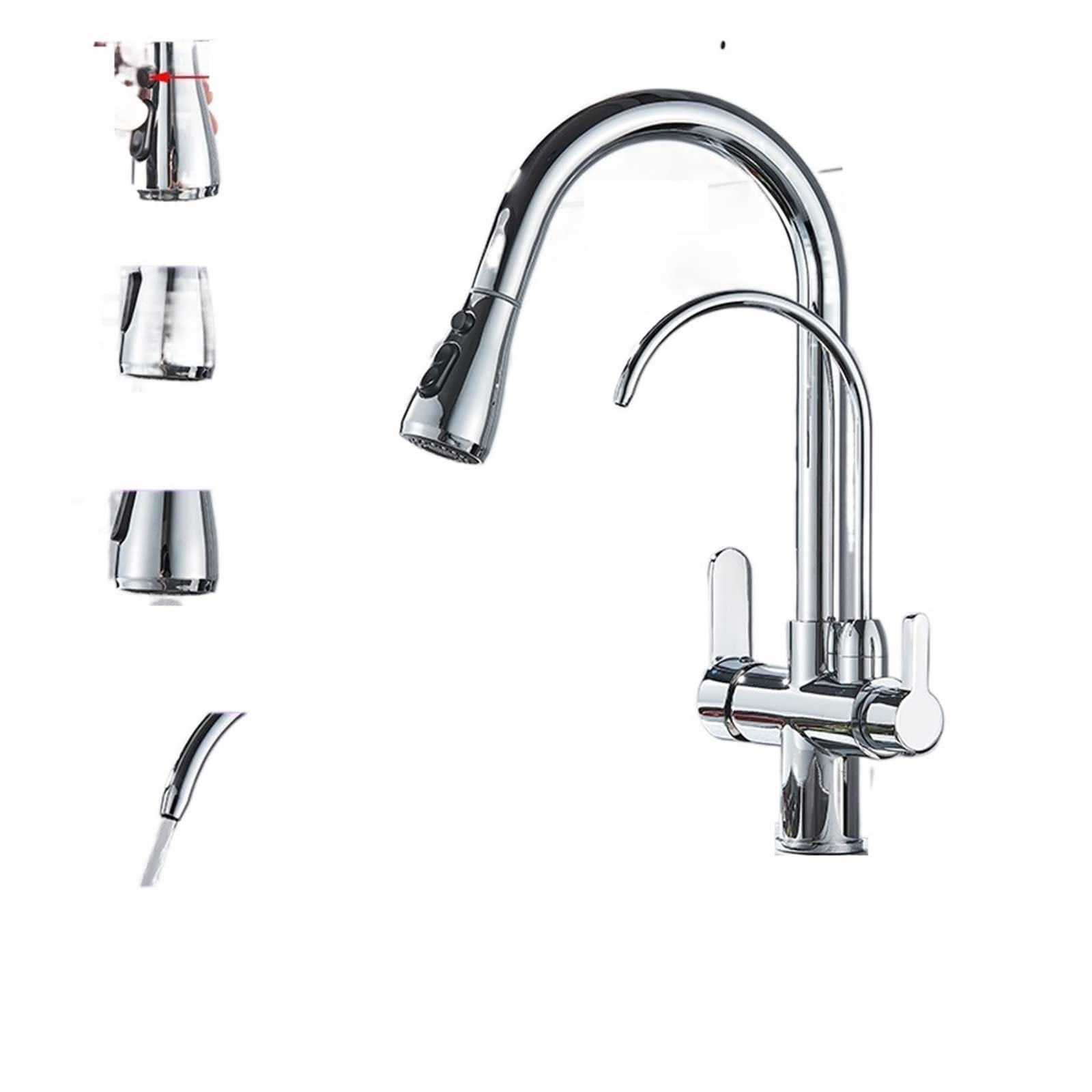 MXXQRHF Faucet Golden Kitchen Faucet for Purified Water Brass Deck Mounted Dual Handle Pull Out Sink Faucet2Swivel Spout Mixer Tap Smart Faucet (Chrome)