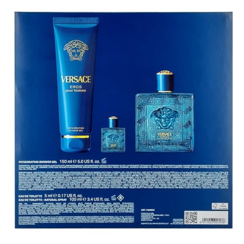 Image of Versace Eros 3- Piece Gift Set for Men, (3.4 Oz Eau De Toilette Spray + 5.0 Oz Shower Gel + 0.16oz /5 Ml Eau De Toilette Spray)
