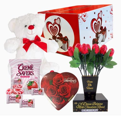 Valentinegiftbasketset10teddybearplushwhiteorreddozenbelgianmilkchocolaterosesbouquetcremesaversstrawberryandcremehardcandyelmerchocolateroseflowersheartshaped Urban Country Home Decor Valentine gift basket set 10 teddy bear plush white or red dozen belgian milk chocolate roses bouquet creme savers strawberry and creme hard candy elmer chocolate rose flowers heart shaped urban country home decor