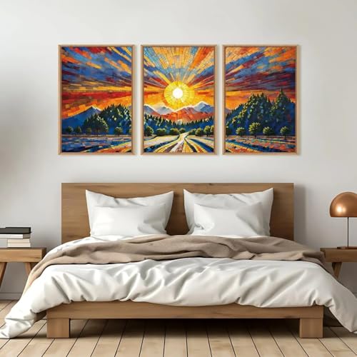 Impression chambre décoration maison grand format triptyque forêt et soleil abstrait - 4