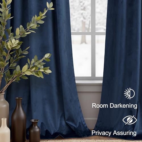 Image of Navy Blue Velvet Curtains 90 Inches Long 2 Panels Luxury Decorative Window Treatment Drape Living Room Darkening Thermal Patio Sliding Glass Door Curtain for Bedroom Dark Blue Indigo Vintage 90 Length