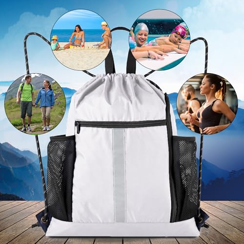 Image of BeeGreen White Drawstring Backpack Bag Sports Gym Backpack with Shoe Compartment and Two Water Bottle Holder for Men Women Large String Athletic Sackpack Workbag White