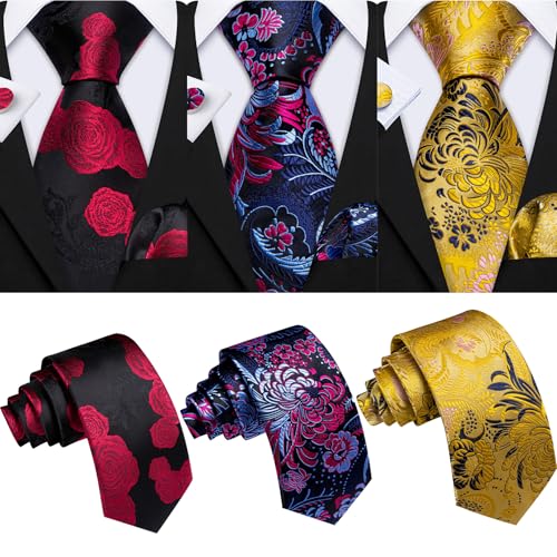 Image of Barry.Wang 6 PCS Men Ties Set Silk Business Fashion Woven Necktie Handkerchief Cufflinks Paisley Stripe Wedding Party