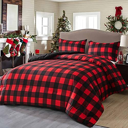 Christmas King Size Comforter Set , Red and Black Grid Buffalo Check Pattern Print Reversible Down Alternative Comforter Microfiber Bed Sets ,Modern Bedding Sets for Women Men Teen Plaid 104 x 90 inch