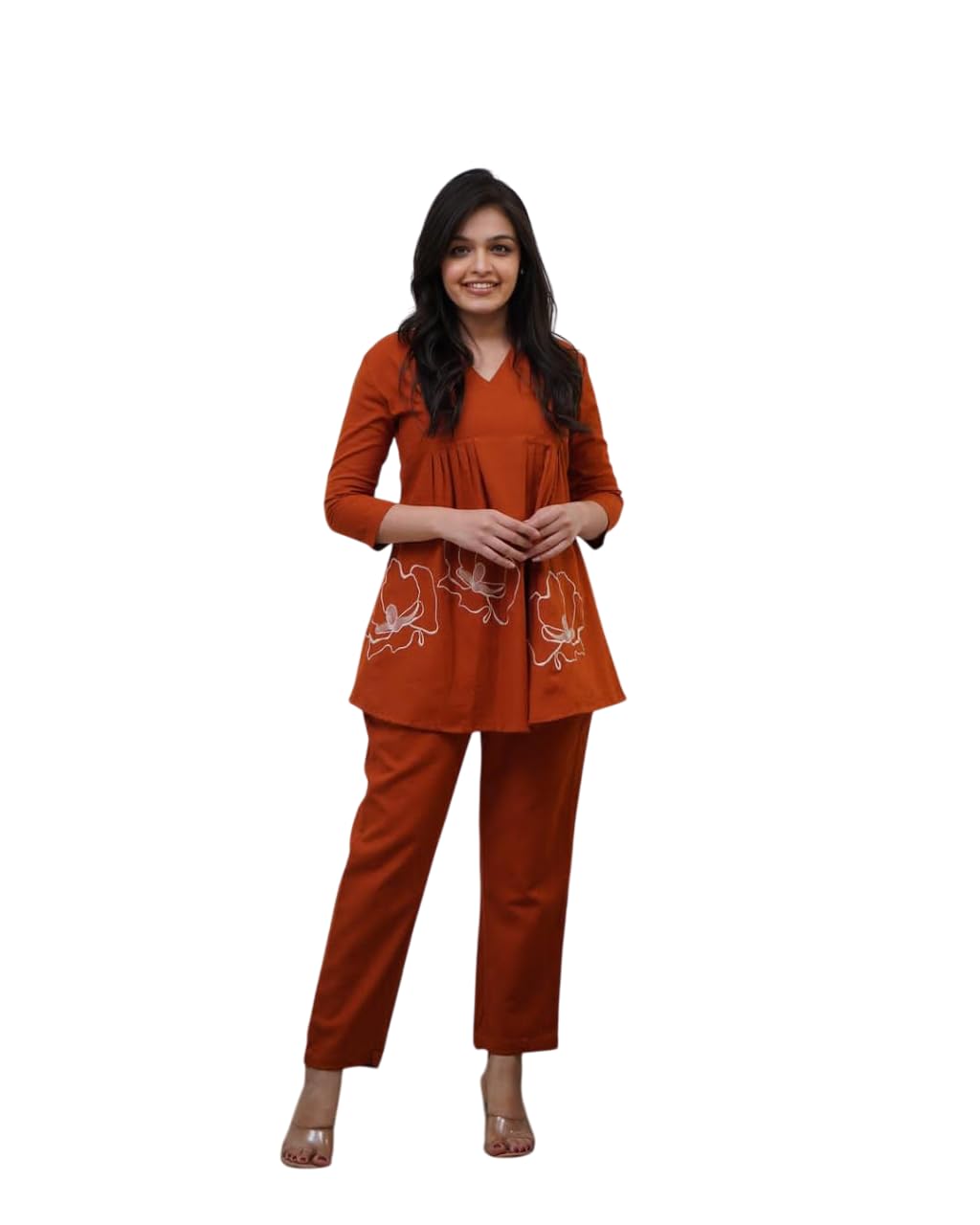 EKRAFT Bharat Women's Cotton Rose Printed Short Anarkali Kurta with Pant Cord Set (Orange-XXL)-image-29