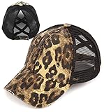 Funky Junque Youth Girls Ponytail Hat for Kids Criss Cross Adjustable Mesh Trucker Cap One Size Ages 4-10 - Leopard Washed