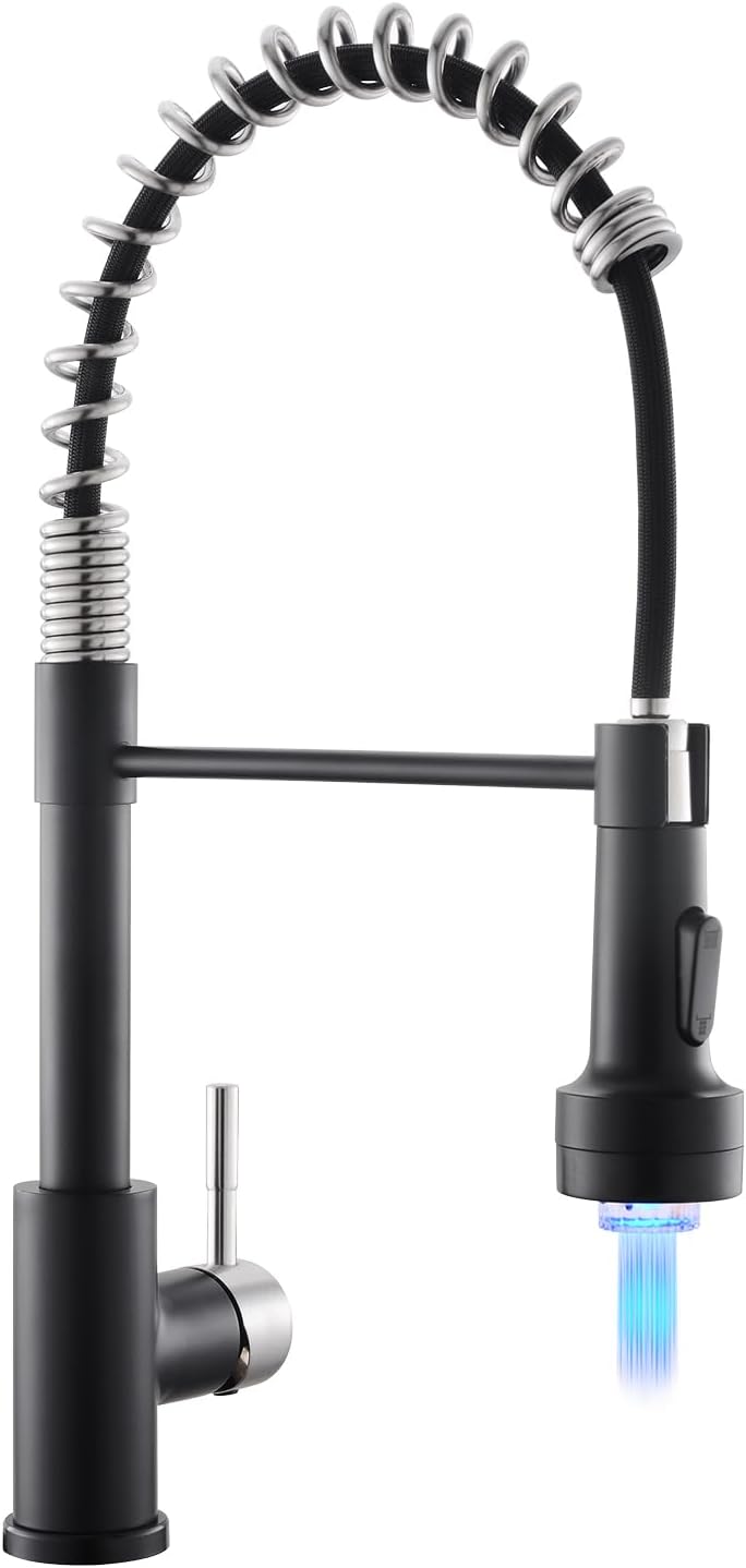 Kitchen Faucet with Pull Down Sprayer Single Hole Stainless Steel LED Faucet, Suitable for Farmhouses, RV, Laundry Room, Outdoor, and Campers. Llave para fregadero de cocina Nickel and Black