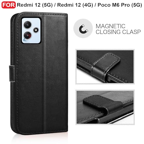 Image of CEDO Flip Cover for Redmi 12 (5G) / Redmi 12 (4G) / Poco M6 Pro (5G) | Leather Finish | Inside Pockets & Inbuilt Stand | Shockproof Wallet Style Magnetic Closure Back Case Flipcover (Black)