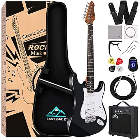 Eastrock 39 inch Full-Size Electric Guitar Kit for Junior Beginners, Starter Stratocaster Electric Guitar with 10w Amplifier Bag Capo Shoulder Strap String Cable Tuner Picks (39" Right Handed, Black) Cover