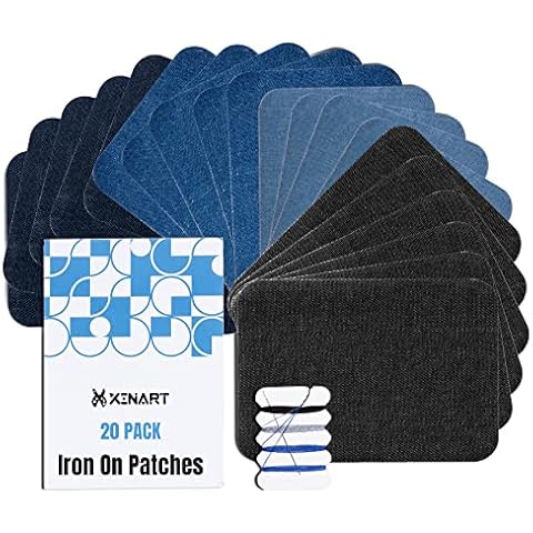 Premium Quality Denim Iron-on Jean Patches Inside & Outside Strongest Glue 100% Cotton Assorted Shades of Blue Repair Decorating Kit 12 Pieces (7.5 cm x 11 cm) Cover
