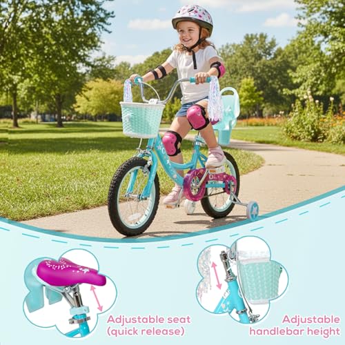 Image of WEIZE Girls Bike for 3-12 Years Old Kids, 14 16 20 Inch Kids Bike with Training Wheels, Streamers, Basket and Doll Seat, Children Bicycles with Coaster Brake, Multiple Colors