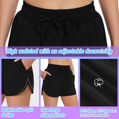 AKKQHH Running Shorts Womens High Waisted Gym Shorts with Pocket Breathable Quick Dry Sports Cycling Workout Activewear Black - Image 3