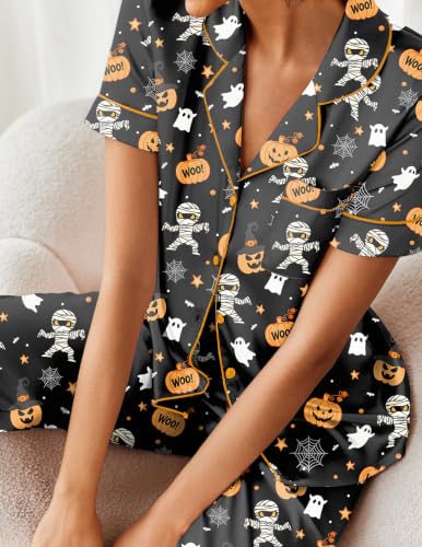 Image of Ekouaer 2 Piece Satin Short Sleeve Pajamas Set Button Down Sleepwear
