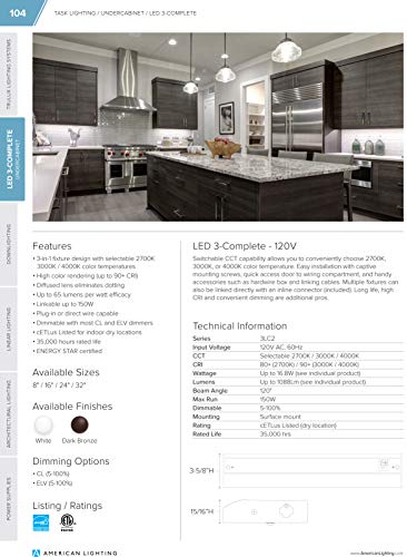 American Lighting 3-Complete LED Undercabinet Fixture, Adjustable 2700K-3000K-4000K Warm White, White, and Ultra Warm White Color, 8-Inch, White, Single Fixture