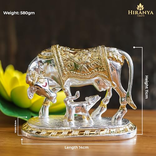 Image of Kamdhenu Cow with Calf | Vastu Idol is a Divine Cow & Calf Statue | Perfect for Pooja Rooms | Kamadhenu Cow & Calf (Gold & Silver, 4.5 Inch)