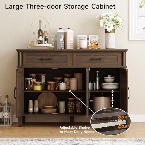 Image of ONBRILL 48 Inch Buffet Cabinet with Storage, Farmhouse Sideboard Buffet w /2 Drawers and 3 Doors, Wood Coffee Bar Cabinet with Adjustable Shelves, Sideboard Storage for Kitchen, Living Room, Brown