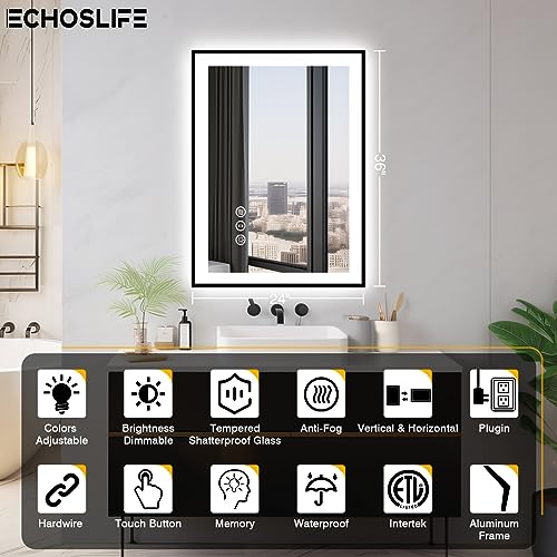 24x36 LED Bathroom Mirrors for Wall -Black Aluminum Framed (Front and Backlit), Anti-Fog Vanity Mirror with Lights,Stepless Dimmable Lighted, 3 Colors Smart Mirror(Horizontal/Vertical)