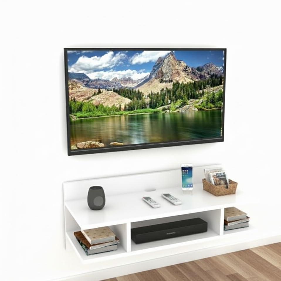 Image of Engineered Wood Set Top Box Stand | Wall Mounted TV Unit Shelf for Router, WiFi, DVD, Gaming Console | Sturdy & Space Saving TV Accessory Organizer (Brown, 50 x 20 x 15 cm) (White)