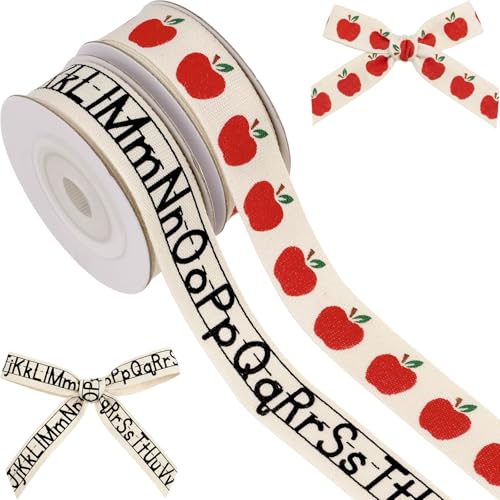 Kutyndrix School Ribbon for Crafts 2 Pack 5/8 Inch x 5 Yards Cotton Apple Alphabet Back to School Ribbon for Hair Bows Gift Wrapping Teacher Gifts
