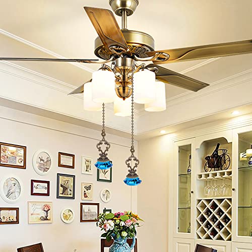 Image of 2pcs Light Blue Crystal Fan Pull Diamond Drop Vintage Pull Chain Ceiling Pull Chain Extender with Connector