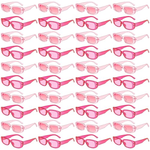 Matcheck 40 Pack Retro Rectangle Sunglasses Bulk Narrow Frame Glasses Wholesale Pink Hotpink Women Square Eyewear Party Favor Shades