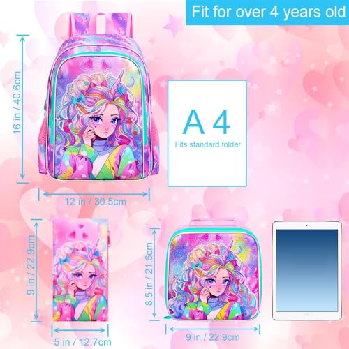 Image of CCJPX 3PCS Backpack for Girls, 16 inch Unicorn Water Resistant Preschool Bookbag with Lunch Box, Kids School Bags for Elementary Kindergarten Toddler