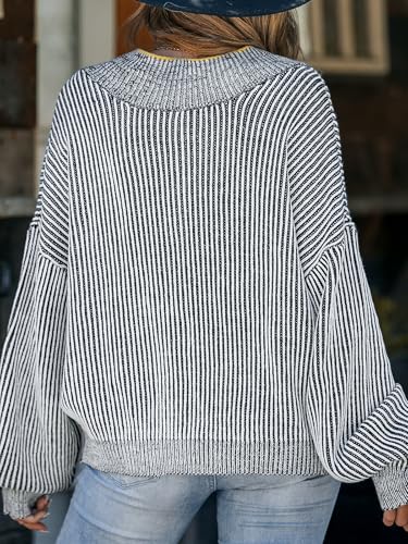 Image of CUPSHE Womens Sweaters Oversized Sweater Loose Fit Long Sleeve Sweater V Neck Striped Pullover Sweater Tops