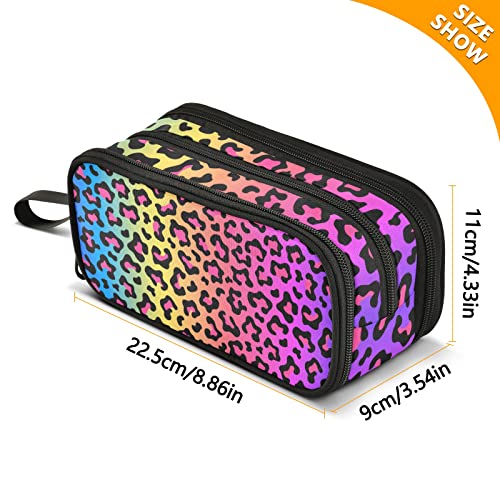 Image of Pencil Case Leopard Print Colorful 3 Compartments Pencil Pouch | Big Capacity,Aesthetic,Organizer Markers,Pencil Box,,Boys,Girls,Adults,Students,Back to School Season,Gift