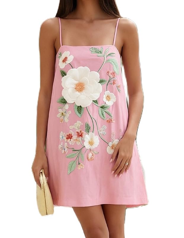 Image of ROAONOCOMO Women Boho Graffiti Cami Mini Dress Spaghetti Strap Printed A Line Short Dress Cute Colorful Sundress