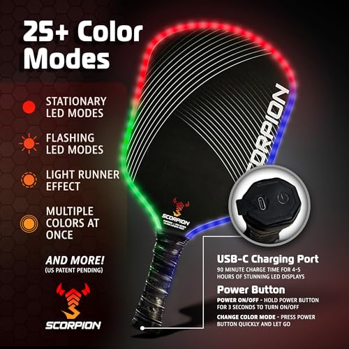 Image of SCORPION LED Pickleball Paddles Set of 2 or 1 - Lightweight Rackets with LED Edge Lighting | Carbon Fiber /Fiberglass /Wood Face | Durable Paddles for Women, Men, and Kids | Includes Bonus Accessories