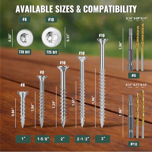 Image of #8 x 1 Stainless Steel Wood Screws - 304 Stainless Steel Exterior Deck Screws (300 PCS), Corrosion & Rust Resistant, T20 Torx Flat Head for Outdoor Wood,Fence & Marine (3 Driver Bits Included)