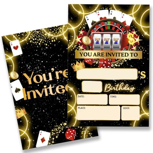 QZJ Casino Birthday Party Invitations Supplies with Envelopes Set of 20 Birthday Invites for Women Men Fill in Blank, Double Sided