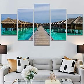 SIGNWIN 5 Panel Canvas Wall Art Beach Blue...