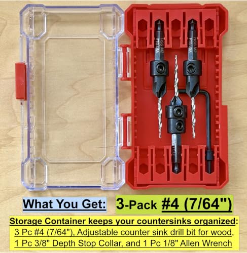 Image of FTG USA 3-Pk #4 (7 /64 inch) Countersink Drill Bit Set, 1 Stop, 1 Wrench & Case