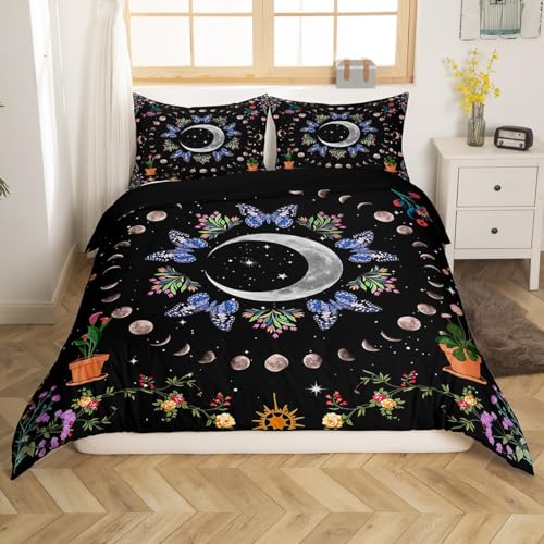 Erosebridal Boho Moon Bedding Sets Twin Blue Butterfly Comforter Cover for Girls Boys, Botanical Bed Set Pink Orange Purple Flower Duvet Cover, Galaxy Stars Quilt Cover Black Room Decor