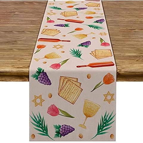 Rustic Passover Table Runner Jewish Pesach Seder Decoration Linen Home Kitchen Dining Room Decor 13x72'' Cover