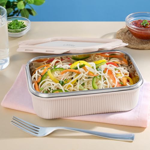 Image of Larah by BOROSIL Freshbyte Food Storage Container with Airtight Stainless Steel Lid | Fridge Container for Lunchbox | Food Grade | Microwave Safe (Beige, 600 ml, Rectangular)