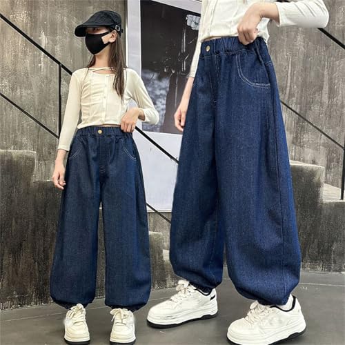 Girls Jeans Baggy Elastic Waist Y2K Trendy Denim Pants with Pockets Wide Leg High Waisted Streetwear for Kids 4-12Y3