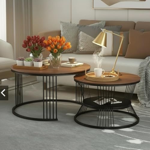 Image of Modern Nesting Table Set of 2 - Round Coffee Table with Engineered Wood Top & Metal Frame, Side Tables for Living Room, Bedroom & Lounge (Black & Brown, L-51x48 cm, S-41x41 cm)