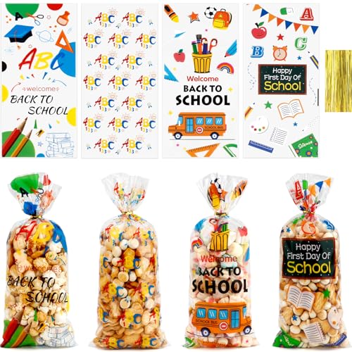 Back to School Treat Bags 100 PCS Back to School Cellophane Treat Bags First Day of School Gift Bag Plastic Welcome Back Candy Cookie Goodie Bag with Twist Ties for School Party Favor Supplies