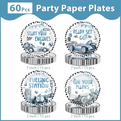 Image of 60 Pcs Vintage Race Car Paper Plates 9 inch Heavy Duty | Blue Race Car Birthday Plates Disposable Start Your Engines Dinner Platters for Baby Shower Birthday Party Supplies Decor
