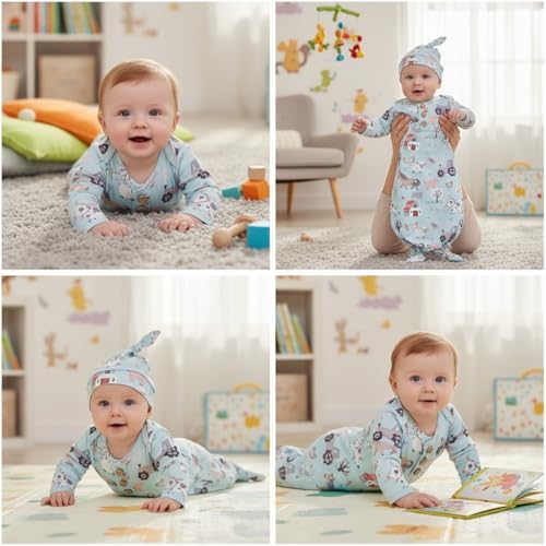 Image of AMAWMW Newborn Baby Boys Girls Cartoon Sleeper Gown Long Sleeve Mountain Nightgown Hat Outfits