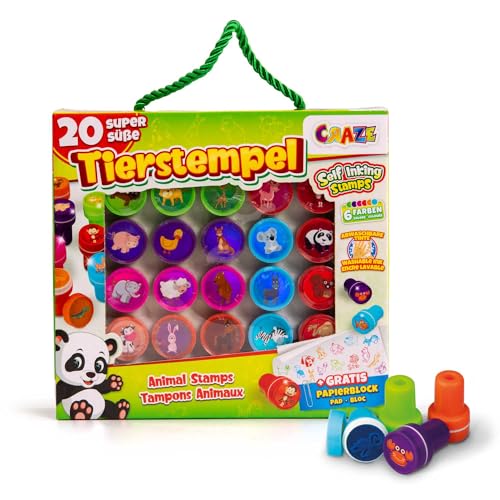 CRAZE Timbri bambini Animali Set di timbri per bambini con disegni di animale 20 timbri Timbrini lavabili per bambini Timbro a inchiostro con blocco di carta