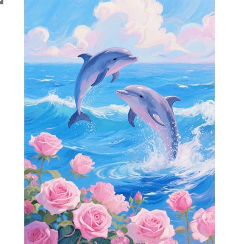 DCIDBEI Peinture Diamant Carré Pierres Carrées Dauphin 40x50cm Square Diamond Painting Animaux 5D Fleurs Peinture Diamant Photos Débutant Dauphin Plage Mer...