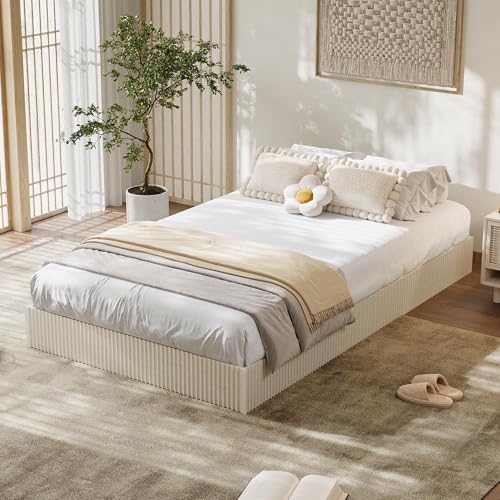 Image of GarveeHome Twin XL Size Bed Frame, Wood Platform Bed, Fluted Bed Frame, Minimalist Bed Base with Low Profile Design, Noise-Free, Easy Assembly, No Box Spring Needed, Cream White